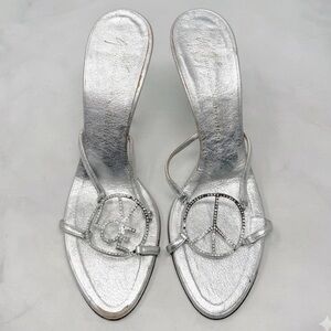 Giuseppe Zanotti Vicini Vintage Y2K Peace Love Leather Mule Sandal Heels Silver